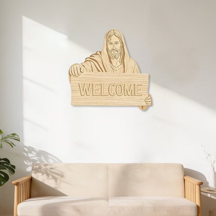 Christianartworkshop Wandbehang aus Naturholz mit aufgedruckter Jesus-WILLKOMMENS-Plakette: Eine Erinnerung an offene Arme - image 2