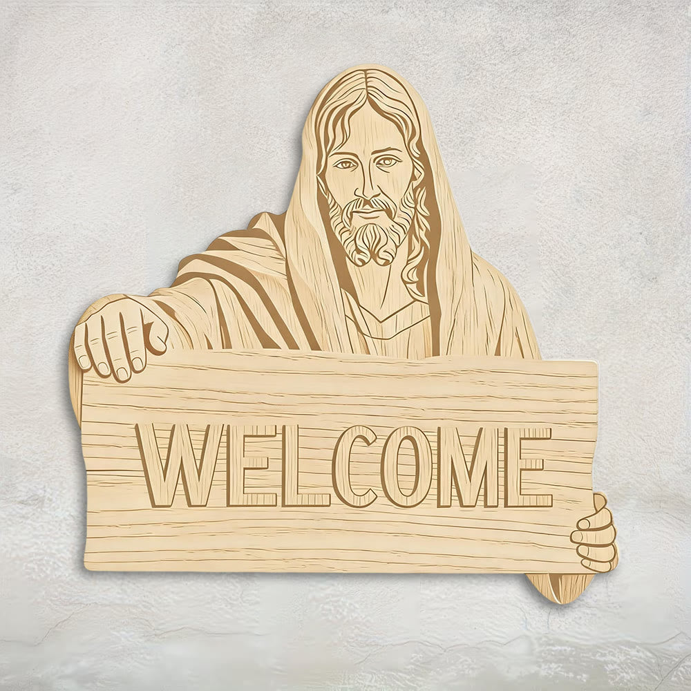 Christianartworkshop Wandbehang aus Naturholz mit aufgedruckter Jesus-WILLKOMMENS-Plakette: Eine Erinnerung an offene Arme - image 1