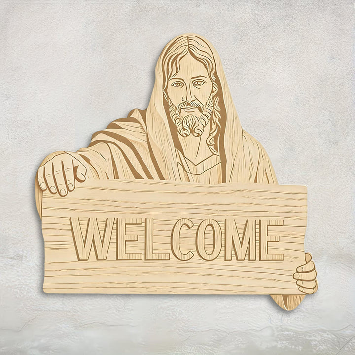 Christianartworkshop Wandbehang aus Naturholz mit aufgedruckter Jesus-WILLKOMMENS-Plakette: Eine Erinnerung an offene Arme - image 1