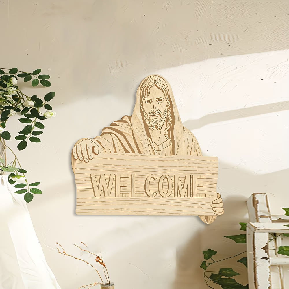 Christianartworkshop Wandbehang aus Naturholz mit aufgedruckter Jesus-WILLKOMMENS-Plakette: Eine Erinnerung an offene Arme - 15,75''*15,35''*0,2''/40*39*0,5cm - image 0