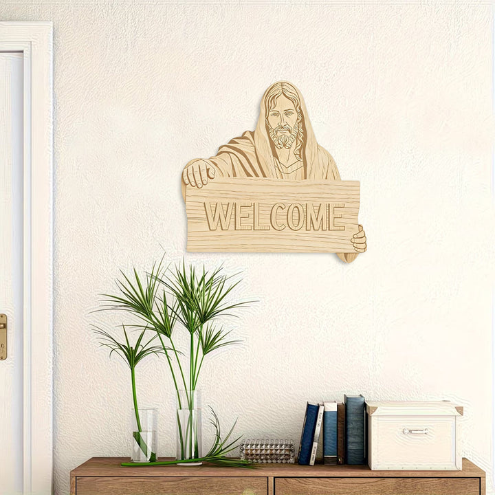 Christianartworkshop Wandbehang aus Naturholz mit aufgedruckter Jesus-WILLKOMMENS-Plakette: Eine Erinnerung an offene Arme - image 3