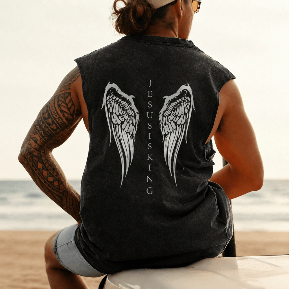 Christianartworkshop Jesus Is King Angel Wings Washed Tank Top - image 0