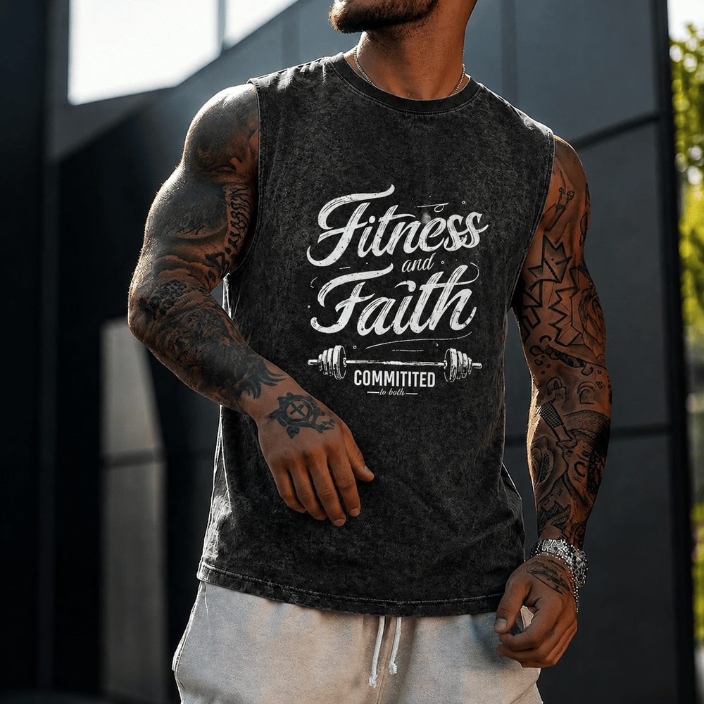 Christianartworkshop Fitness und Glaube: Engagiert für beides – Unisex-Tanktop mit Hantelstange - image 0