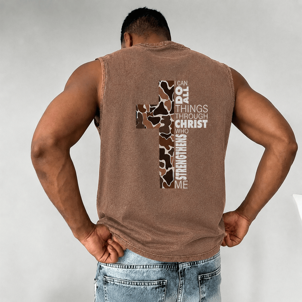 Christianartworkshop Ich vermag alles durch Christus – Unisex-Tanktop mit Camouflage-Kreuz - image 0