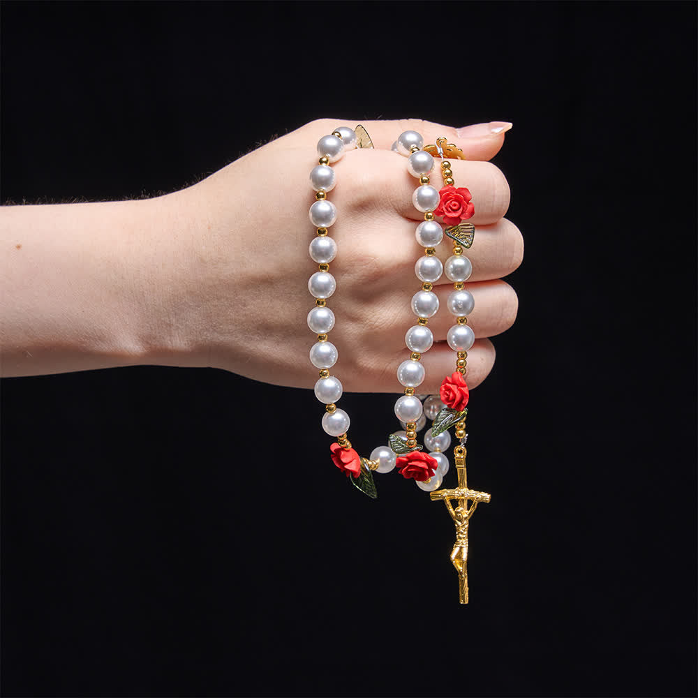 Christianartworkshop Klassischer Rosenkranz aus Elfenbein und roten Rosen: Sanfte, elegante Marienverehrung - image 1