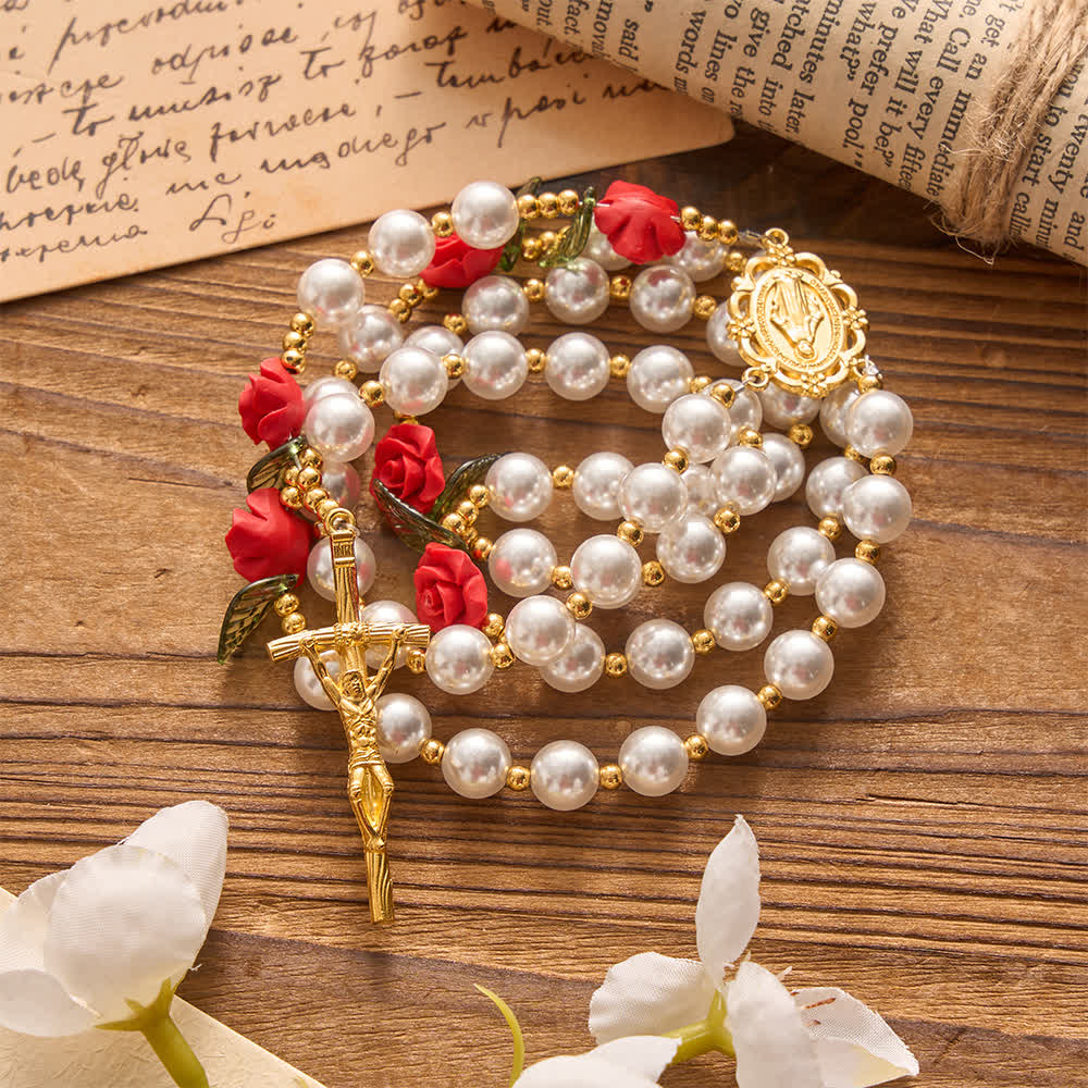 Christianartworkshop Klassischer Rosenkranz aus Elfenbein und roten Rosen: Sanfte, elegante Marienverehrung - image 3