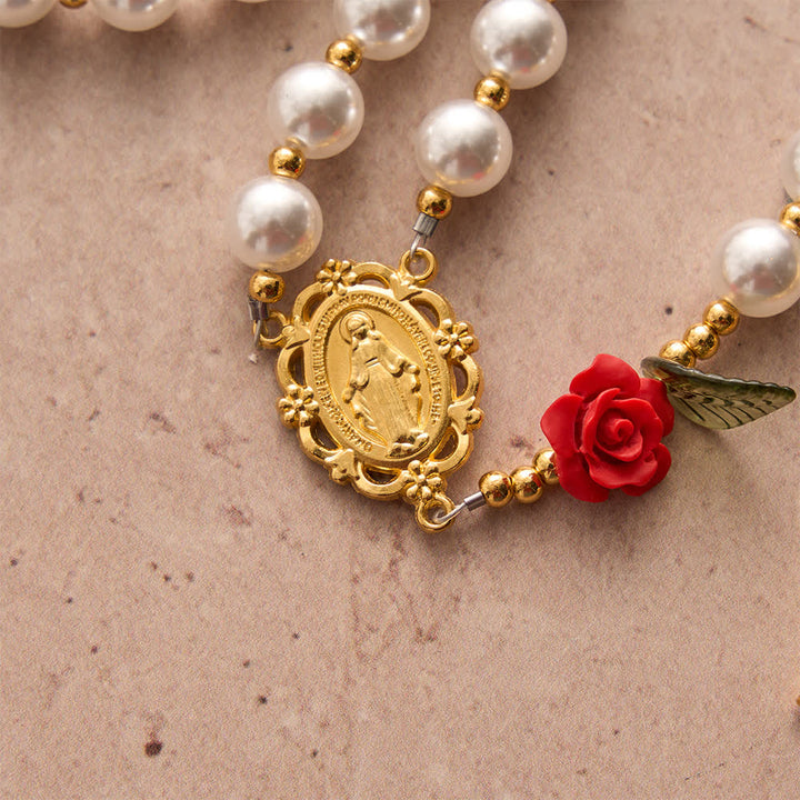 Christianartworkshop Klassischer Rosenkranz aus Elfenbein und roten Rosen: Sanfte, elegante Marienverehrung - image 7