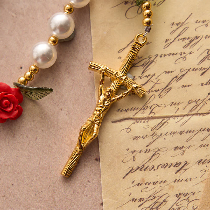 Christianartworkshop Klassischer Rosenkranz aus Elfenbein und roten Rosen: Sanfte, elegante Marienverehrung - image 6
