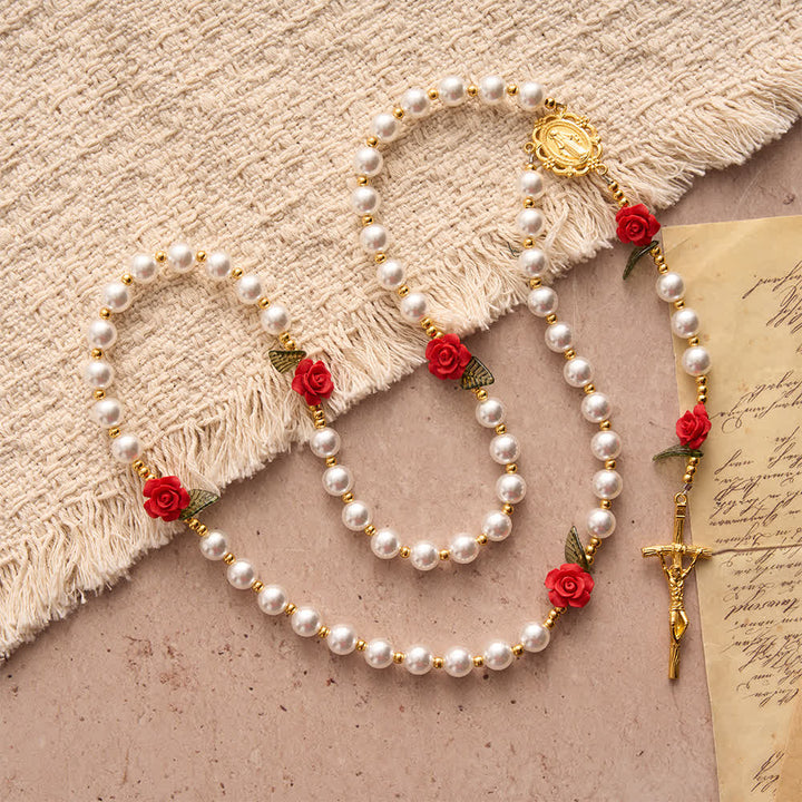 Christianartworkshop Klassischer Rosenkranz aus Elfenbein und roten Rosen: Sanfte, elegante Marienverehrung - image 4