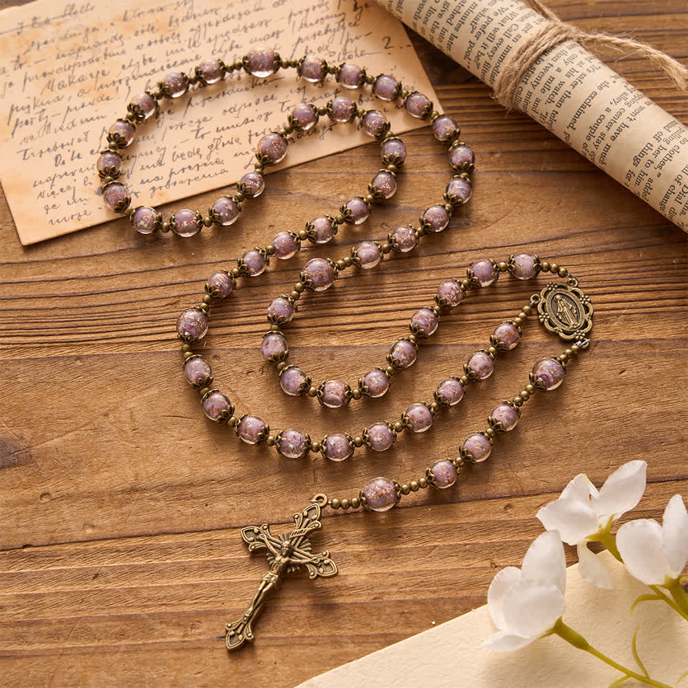 Christianartworkshop Katholischer Rosenkranz mit schimmernden Lavendelperlen, Marienmedaille und Kruzifix - Unsere Liebe Frau und das Kruzifix - image 0