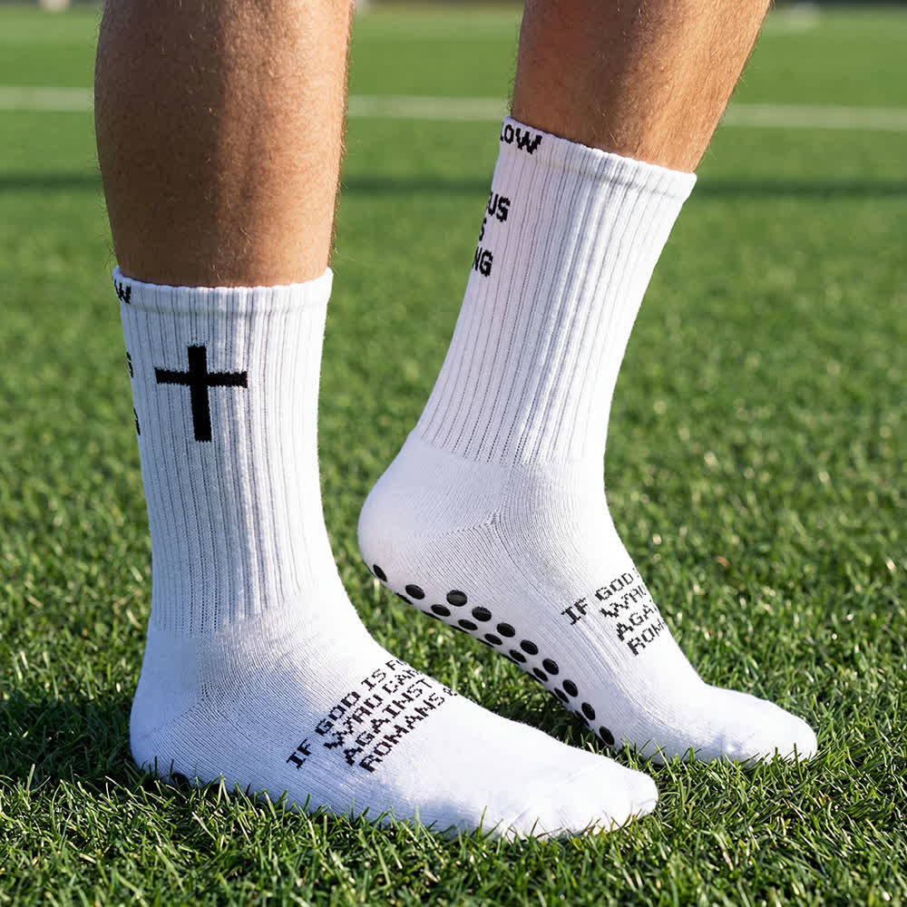 Christianartworkshop „Folge Jesus ist König“ Stufenbuchstaben Vollpunkt Anti-Rutsch-Sportsocken - Weiß - 10 Paare - image 3