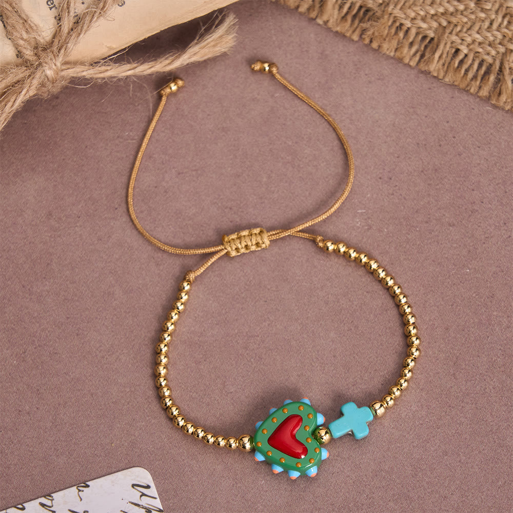 Christianartworkshop Armband im Cartoon-Stil mit handverziertem Herz-Jesu-Motiv und kleinem Kreuz, verziert mit goldenen Perlen und verstellbarer Kordel - F - image 12