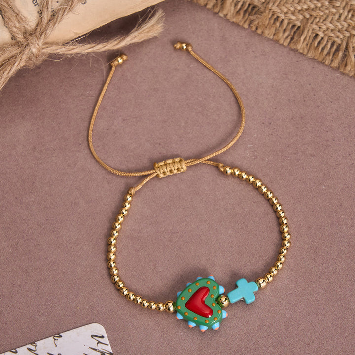 Christianartworkshop Armband im Cartoon-Stil mit handverziertem Herz-Jesu-Motiv und kleinem Kreuz, verziert mit goldenen Perlen und verstellbarer Kordel - F - image 12