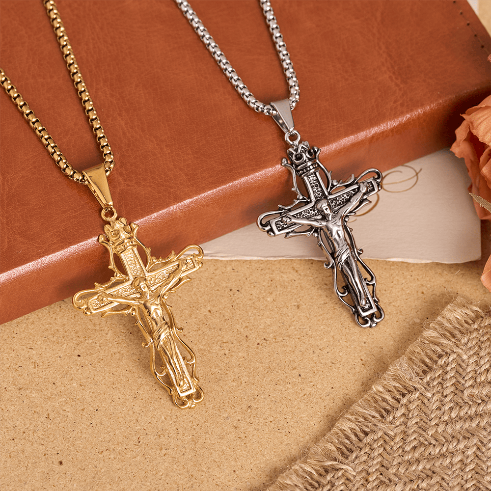 Christianartworkshop Vintage-Kreuzanhänger mit Dornenverzierung und detailliertem Korpus sowie klassischer Box-Kette - image 1