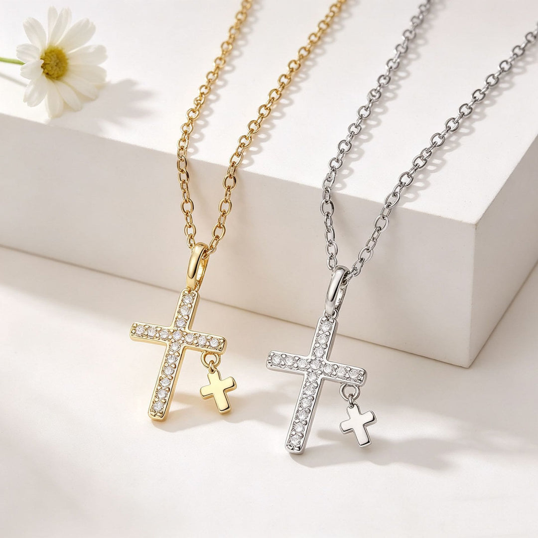 Christianartworkshop Großer Kreuzanhänger mit Zirkonia-Einlage, massivem Mini-Kreuzanhänger und klassischer Ankerkette - image 0