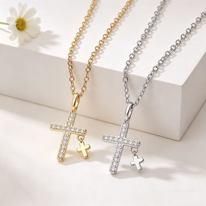 Christianartworkshop Großer Kreuzanhänger mit Zirkonia-Einlage, massivem Mini-Kreuzanhänger und klassischer Ankerkette - image 0