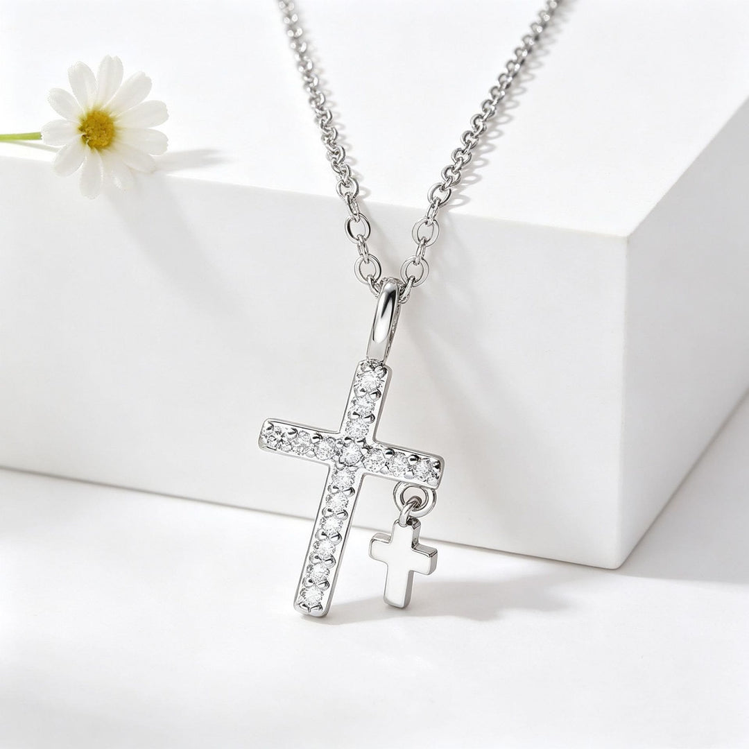 Christianartworkshop Großer Kreuzanhänger mit Zirkonia-Einlage, massivem Mini-Kreuzanhänger und klassischer Ankerkette - Silber - image 3