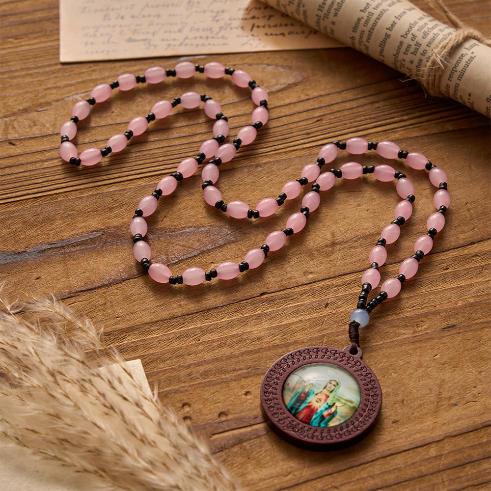 Christianartworkshop Geschnitzter Holzrahmen mit Marienporträt als Anhänger und unregelmäßige Edelsteinperlenkette - Pink A - image 1