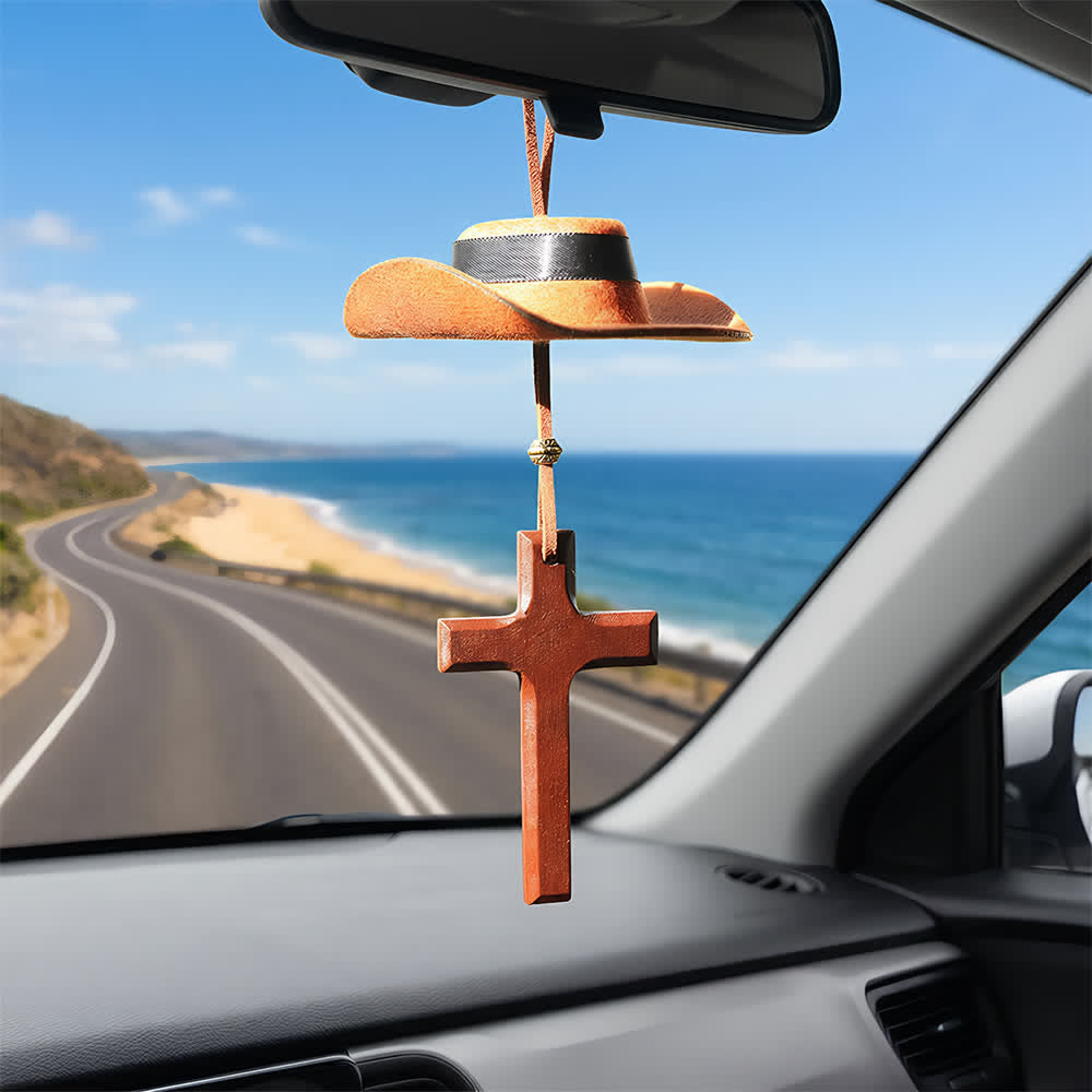 Christianartworkshop Cowboyhut- und Kreuz-Autoanhänger: Unerschütterlicher Glaube für die offene Straße - Holzkreuz - Braun - Mit Perle - image 10