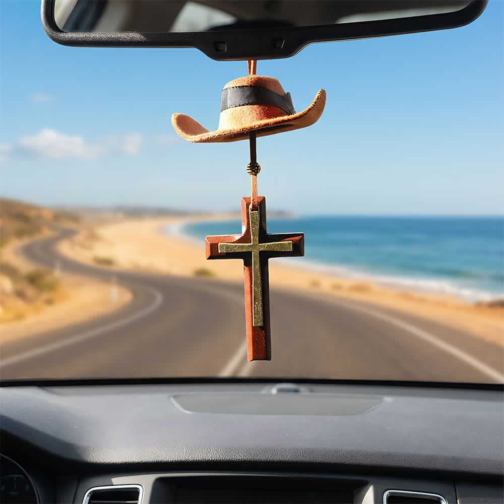 Christianartworkshop Cowboyhut- und Kreuz-Autoanhänger: Unerschütterlicher Glaube für die offene Straße - Kreuz aus Holz und Metall - Braun - Mit Perle - image 12
