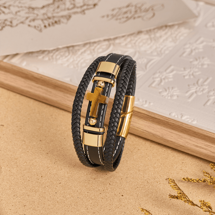 Christianartworkshop Doppelt geflochtenes Lederarmband mit poliertem Steinkreuz und zwei seitlichen Metallperlen - Golden - 23 cm - image 8