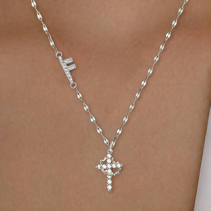 Christianartworkshop Personalisierte Halskette mit Krone und Kreuz in Gold- und Silberoptik mit AZ-Anfangsbuchstaben: Individueller Anhänger mit Monogramm des heiligen Glaubens - F - Silber - image 35