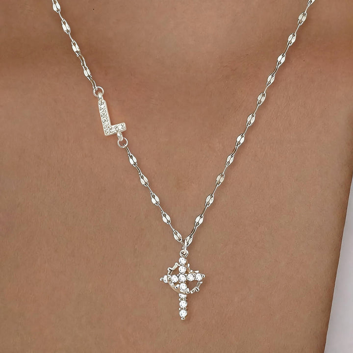 Christianartworkshop Personalisierte Halskette mit Krone und Kreuz in Gold- und Silberoptik mit AZ-Anfangsbuchstaben: Individueller Anhänger mit Monogramm des heiligen Glaubens - L - Silber - image 41