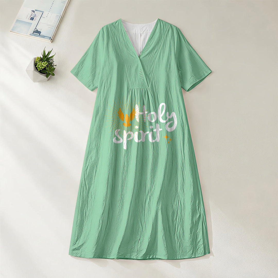 Christianartworkshop Midikleid mit Tauben- und Sonnenmuster „Heiliger Geist“, V-Ausschnitt, kurze Ärmel - Grün - 4XL - image 2