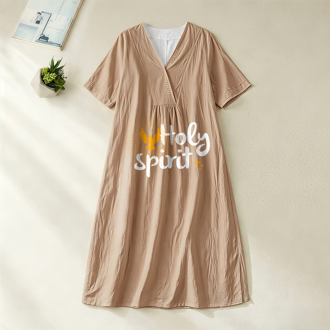 Christianartworkshop Midikleid mit Tauben- und Sonnenmuster „Heiliger Geist“, V-Ausschnitt, kurze Ärmel - Khaki - 4XL - image 8