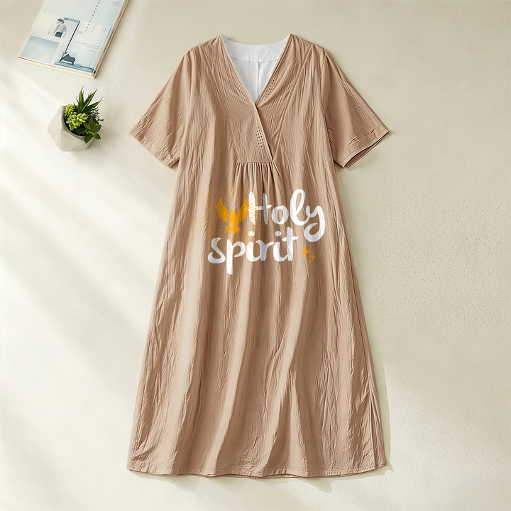 Christianartworkshop Midikleid mit Tauben- und Sonnenmuster „Heiliger Geist“, V-Ausschnitt, kurze Ärmel - Khaki - 4XL - image 8