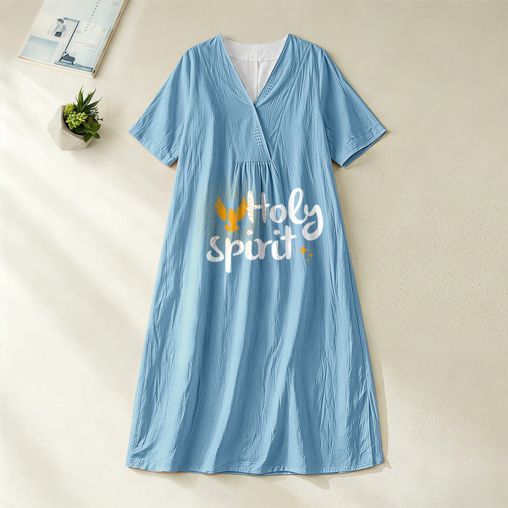 Christianartworkshop Midikleid mit Tauben- und Sonnenmuster „Heiliger Geist“, V-Ausschnitt, kurze Ärmel - Blau - 4XL - image 0