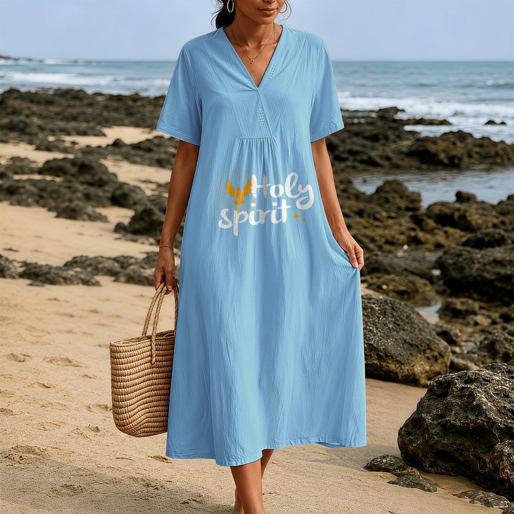 Christianartworkshop Midikleid mit Tauben- und Sonnenmuster „Heiliger Geist“, V-Ausschnitt, kurze Ärmel - image 1