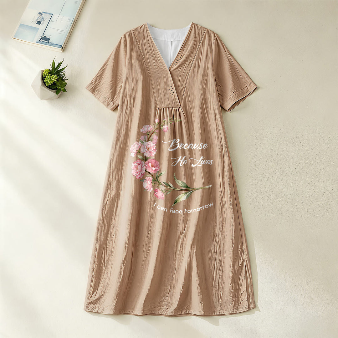 Christianartworkshop „Weil er lebt, kann ich dem Morgen entgegensehen“ – Midikleid mit floralem Zweigmuster, V-Ausschnitt und kurzen Ärmeln - Khaki - 4XL - image 10