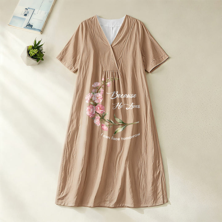 Christianartworkshop „Weil er lebt, kann ich dem Morgen entgegensehen“ – Midikleid mit floralem Zweigmuster, V-Ausschnitt und kurzen Ärmeln - Khaki - 4XL - image 10
