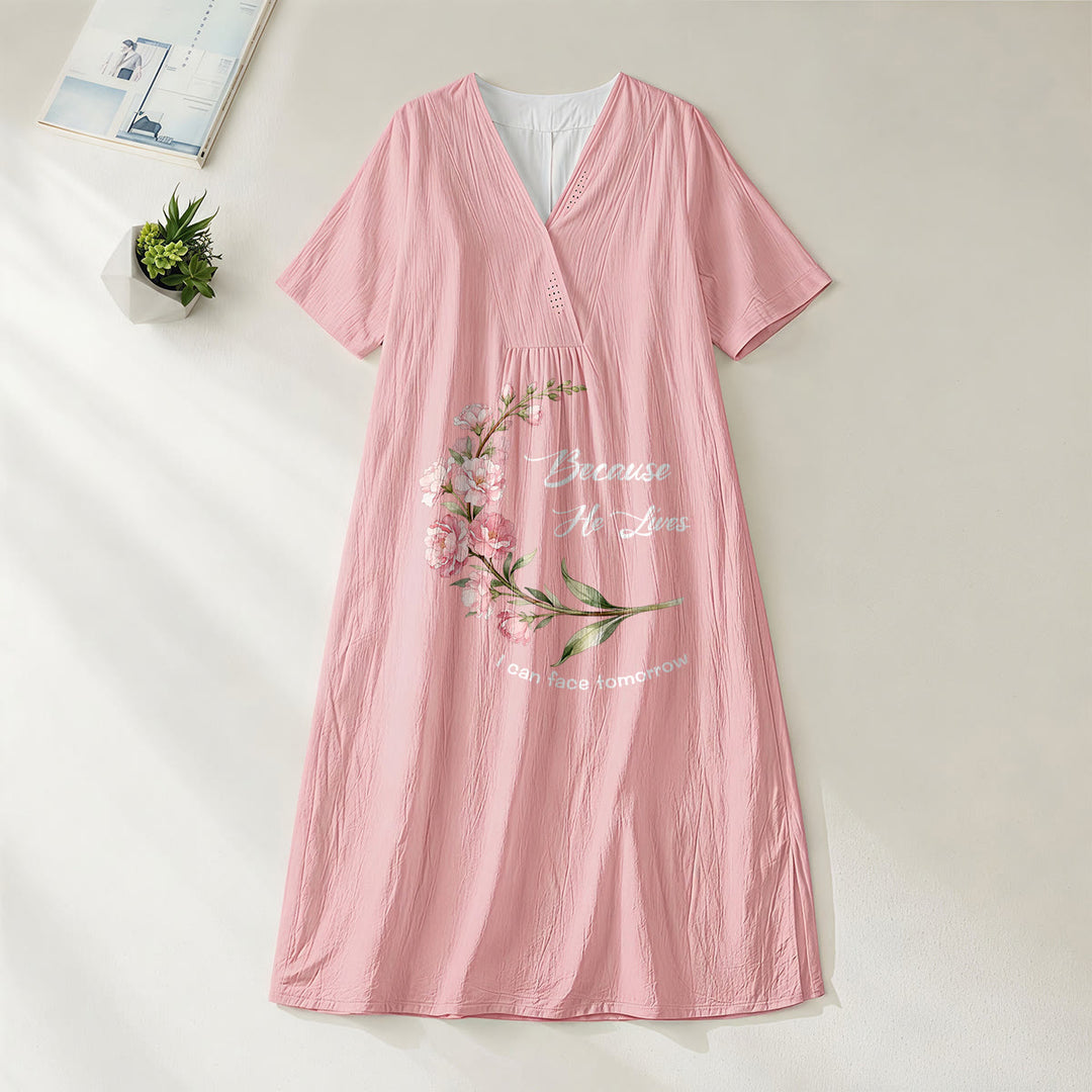 Christianartworkshop „Weil er lebt, kann ich dem Morgen entgegensehen“ – Midikleid mit floralem Zweigmuster, V-Ausschnitt und kurzen Ärmeln - Rosa - 4XL - image 0