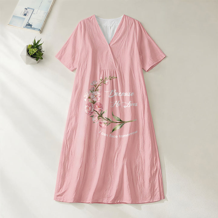Christianartworkshop „Weil er lebt, kann ich dem Morgen entgegensehen“ – Midikleid mit floralem Zweigmuster, V-Ausschnitt und kurzen Ärmeln - Rosa - 4XL - image 0