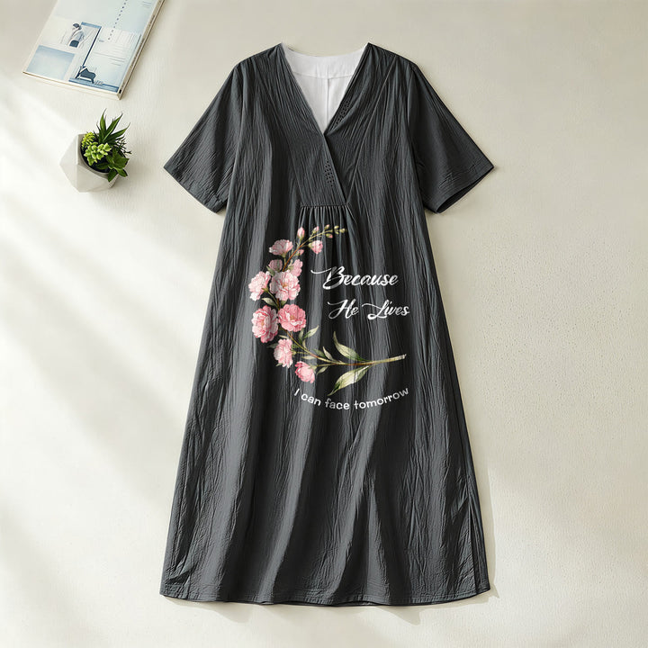 Christianartworkshop „Weil er lebt, kann ich dem Morgen entgegensehen“ – Midikleid mit floralem Zweigmuster, V-Ausschnitt und kurzen Ärmeln - Schwarz - 4XL - image 2