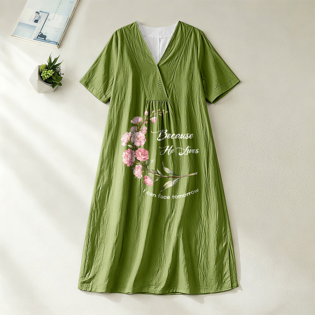 Christianartworkshop „Weil er lebt, kann ich dem Morgen entgegensehen“ – Midikleid mit floralem Zweigmuster, V-Ausschnitt und kurzen Ärmeln - Olivgrün - 4XL - image 8