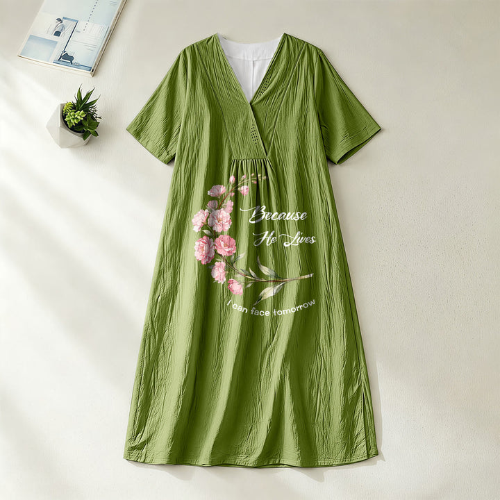 Christianartworkshop „Weil er lebt, kann ich dem Morgen entgegensehen“ – Midikleid mit floralem Zweigmuster, V-Ausschnitt und kurzen Ärmeln - Olivgrün - 4XL - image 8