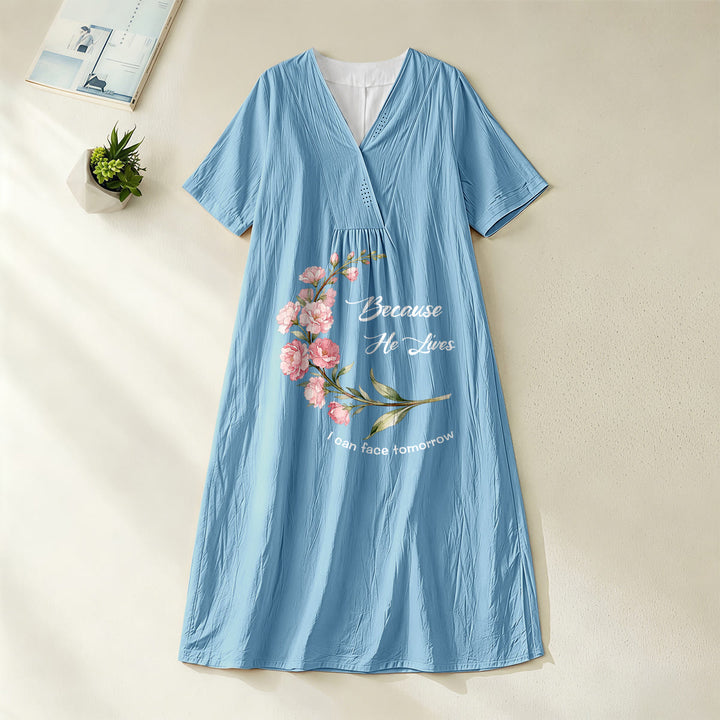 Christianartworkshop „Weil er lebt, kann ich dem Morgen entgegensehen“ – Midikleid mit floralem Zweigmuster, V-Ausschnitt und kurzen Ärmeln - Blau - 4XL - image 4