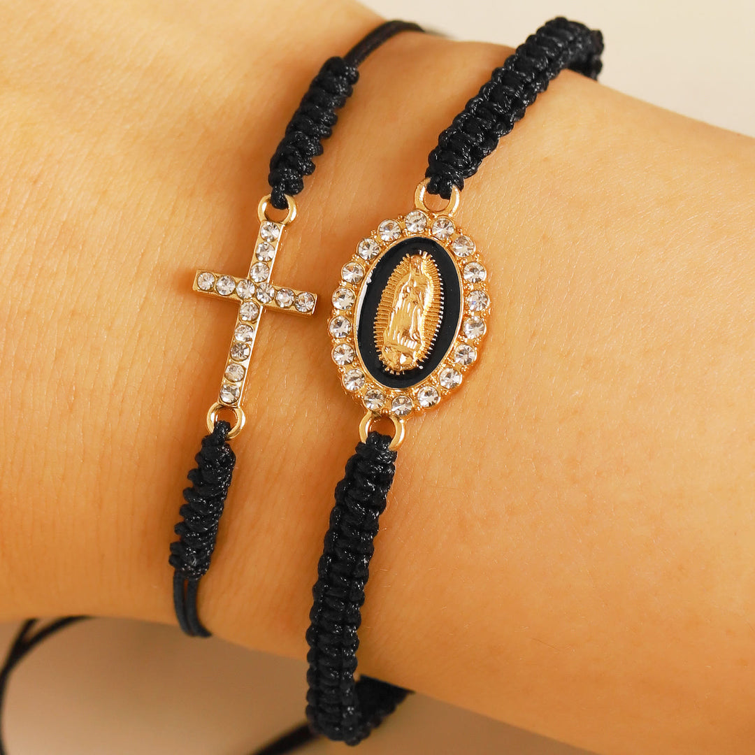Christianartworkshop Set aus zwei geflochtenen Kordeln mit Zirkon-besetztem Kreuz und Strass-Halo sowie der Medaille „Unsere Liebe Frau“ - Schwarz - image 5