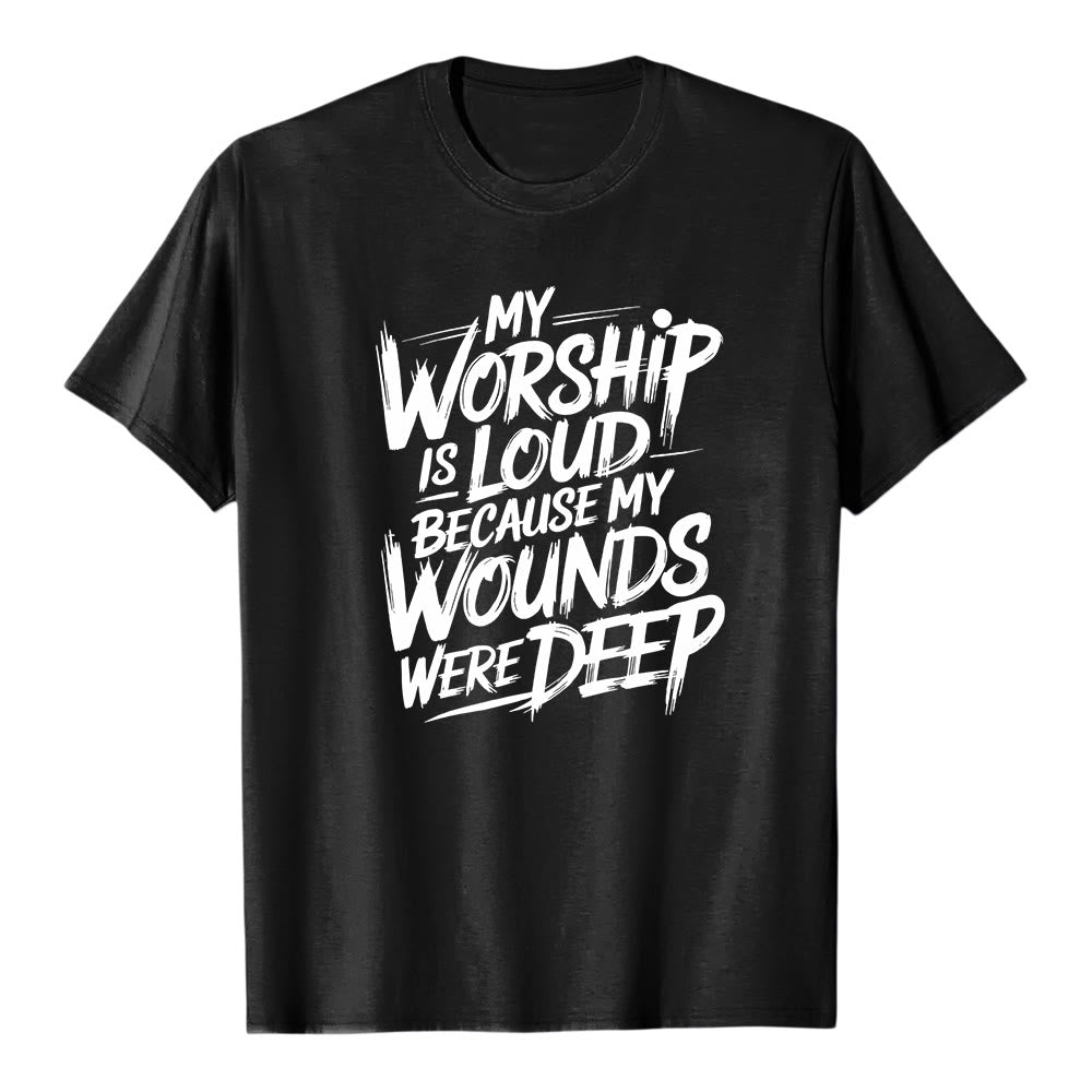Christianartworkshop „Meine Anbetung ist laut, weil meine Wunden tief waren“ – Premium-T-Shirt mit markanter Typografie und kurzen Ärmeln - Schwarz - 2XL - image 1
