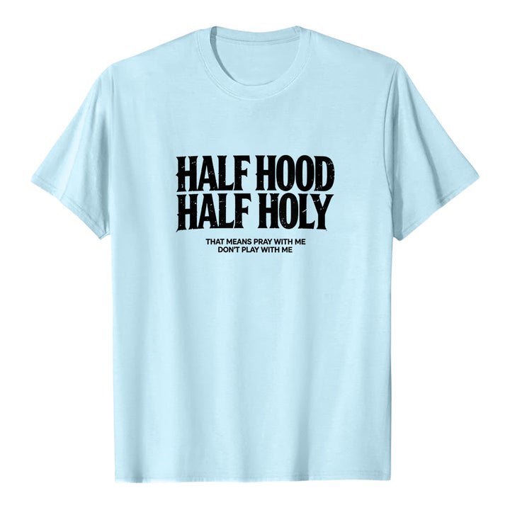 Christianartworkshop „Halb Kapuze, halb heilig“ Premium-Kurzarm-T-Shirt mit auffälligem gotischem Schriftzug - Blau - 2XL - image 5