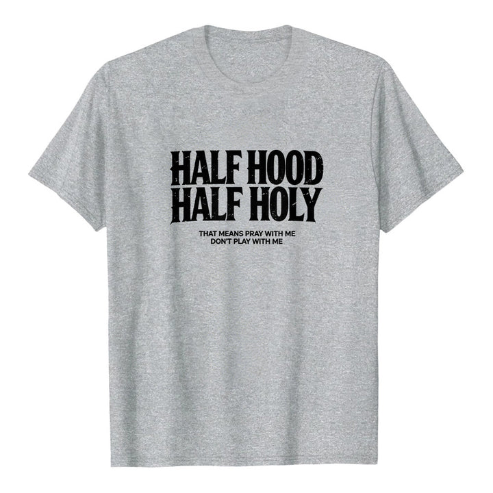 Christianartworkshop „Halb Kapuze, halb heilig“ Premium-Kurzarm-T-Shirt mit auffälligem gotischem Schriftzug - Grau - 2XL - image 1