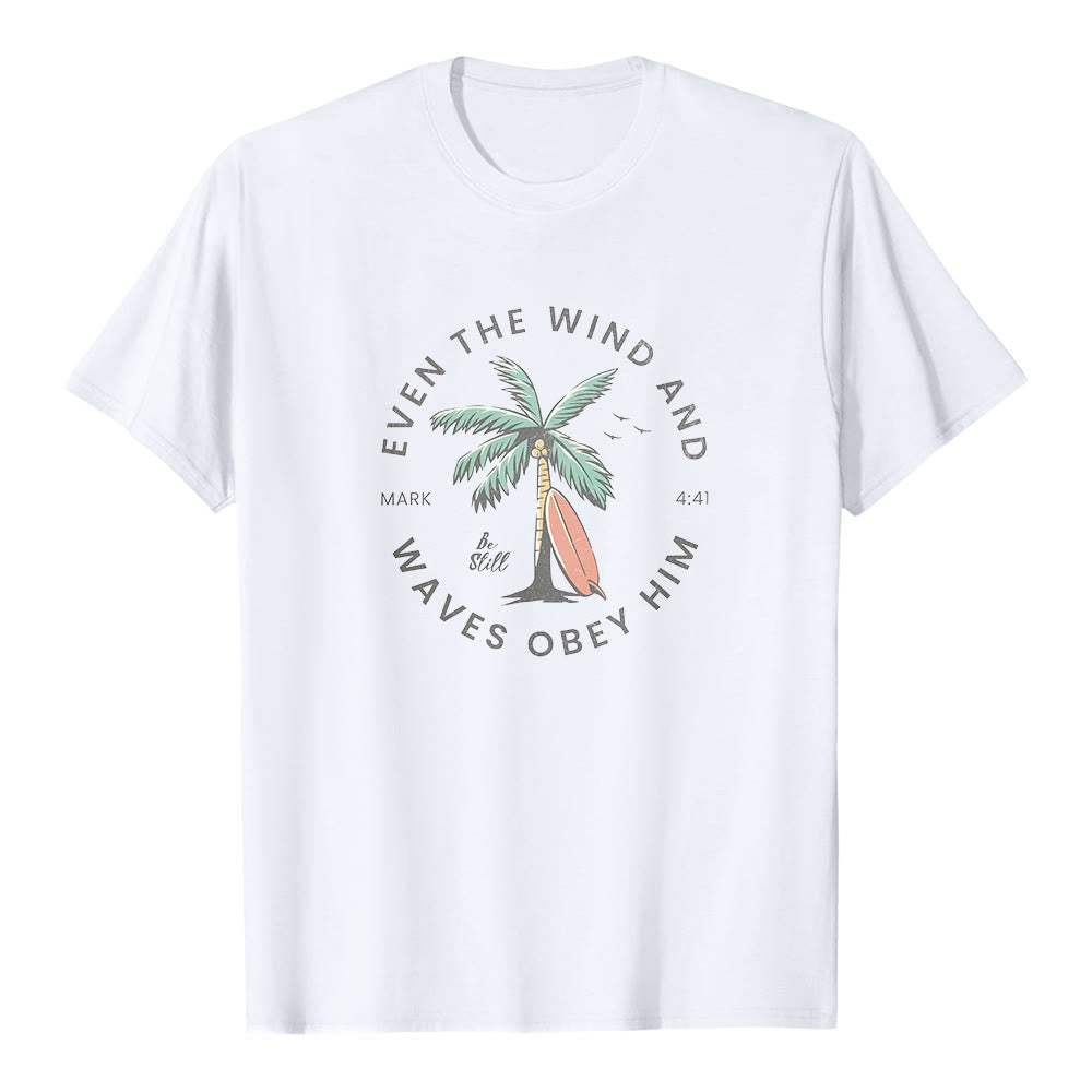 Christianartworkshop Markus 4,41 „Sogar Wind und Wellen gehorchen ihm“ – Premium-T-Shirt mit Strandmotiv und kurzen Ärmeln - Weiß - 2XL - image 1