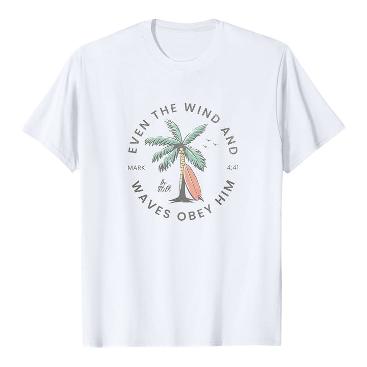 Christianartworkshop Markus 4,41 „Sogar Wind und Wellen gehorchen ihm“ – Premium-T-Shirt mit Strandmotiv und kurzen Ärmeln - Weiß - 2XL - image 1