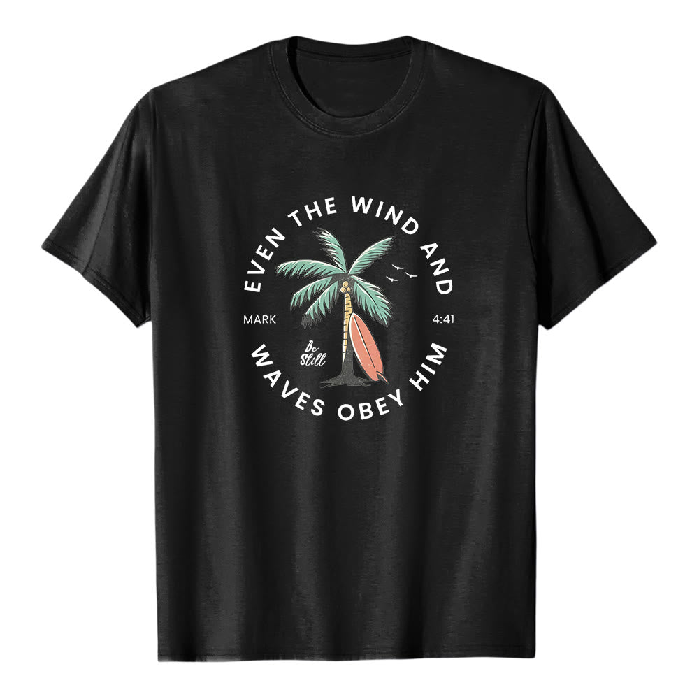 Christianartworkshop Markus 4,41 „Sogar Wind und Wellen gehorchen ihm“ – Premium-T-Shirt mit Strandmotiv und kurzen Ärmeln - Schwarz - 2XL - image 3