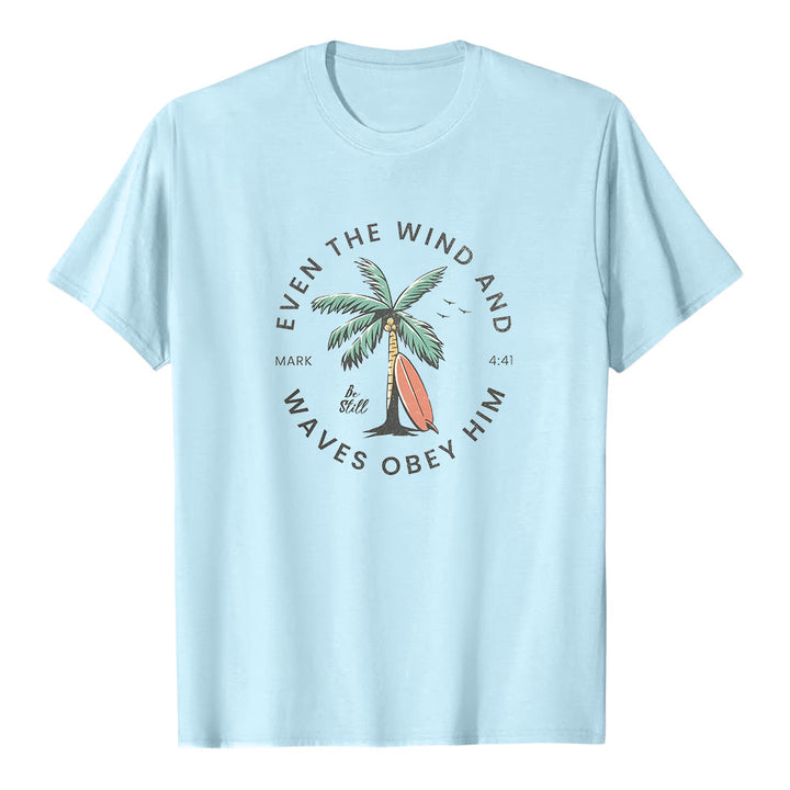 Christianartworkshop Markus 4,41 „Sogar Wind und Wellen gehorchen ihm“ – Premium-T-Shirt mit Strandmotiv und kurzen Ärmeln - Blau - 2XL - image 6