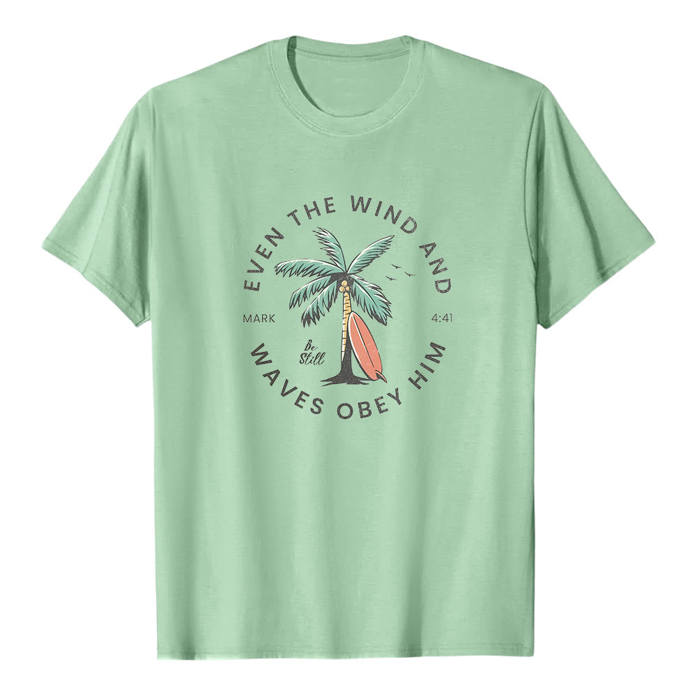 Christianartworkshop Markus 4,41 „Sogar Wind und Wellen gehorchen ihm“ – Premium-T-Shirt mit Strandmotiv und kurzen Ärmeln - Hellgrün - 2XL - image 7