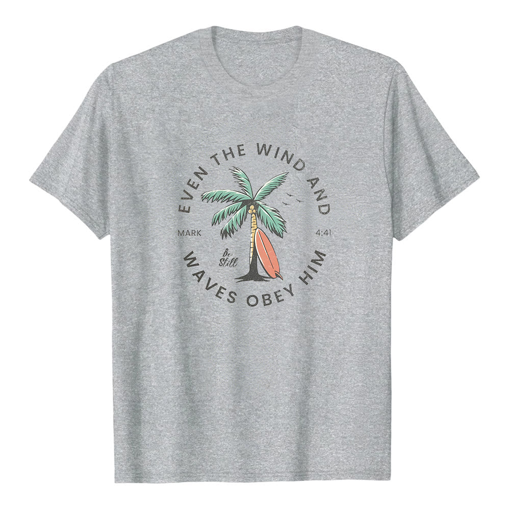 Christianartworkshop Markus 4,41 „Sogar Wind und Wellen gehorchen ihm“ – Premium-T-Shirt mit Strandmotiv und kurzen Ärmeln - Grau - 2XL - image 2